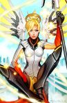 1girl arm_at_side arm_up artist_name blonde_hair blue_eyes bodysuit breasts closed_mouth crystal_graziano glowing glowing_wings halo highres holding holding_staff lips mechanical_wings medium_breasts mercy_(overwatch) nose overwatch pelvic_curtain red_lips short_hair solo spread_wings staff white_bodysuit white_wings wings yellow_wings 