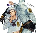  1boy anchor_symbol arm_up black_eyes black_hair collarbone dated finger_to_mouth hat highres jojo_no_kimyou_na_bouken jojolion killer_queen kira_yoshikage_(jojolion) male_focus navel nojamman sailor sailor_hat smile stand_(jojo) 