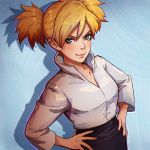  1girl artist_name black_skirt blonde_hair blue_eyes closed_mouth hands_on_hips long_sleeves looking_at_viewer magion02 naruto popped_collar shirt short_hair skirt smirk solo standing temari twintails white_shirt 