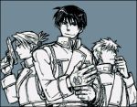  1girl 2boys black_eyes black_hair blue_background fullmetal_alchemist gloves jean_havoc kakuu lowres military military_uniform multiple_boys riza_hawkeye roy_mustang smile uniform weapon 