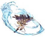  1boy abs bare_shoulders beard belt boots brown_eyes brown_hair facial_hair full_body fundoshi granblue_fantasy headband jacket_on_shoulders japanese_clothes jin_(granblue_fantasy) katana long_hair male_focus minaba_hideo official_art ponytail scar shirtless solo sword teeth transparent_background water weapon 