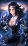  1girl artist_name black_hair breasts cleavage collarbone electricity glowing highres jewelry madeleine_bellwoar medium_breasts medium_hair necklace parted_lips pendant solo the_witcher_3 violet_eyes watermark web_address yennefer 