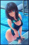  arm_support blue_eyes breast_squeeze breasts cleavage eyebrows_visible_through_hair from_above goggles looking_up medium_hair one-piece_swimsuit original partially_submerged pool rico_(game00985) scrunchie smile swimsuit water wet 