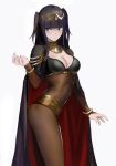  1girl black_hair blush breasts cape cleavage cleavage_cutout fire_emblem fire_emblem:_kakusei highres looking_at_viewer qosic simple_background solo tharja white_background 