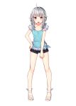  &gt;:o 1girl :o absurdres ahoge bangs black_shorts blouse blue_blouse collarbone eyebrows_visible_through_hair full_body hair_flaps hand_on_hip high_heels highres legs_apart looking_at_viewer low_twintails open_mouth original sakuragi_ren shinonome_an shorts silver_hair solo standing teeth transparent_background twintails violet_eyes 