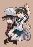  2girls ahoge arm_up beige_background black_hair carrying closed_eyes commentary_request epaulettes gangut_(kantai_collection) gloves grey_hair hair_ribbon hairband hat jacket kantai_collection long_hair long_sleeves looking_at_viewer military military_hat military_uniform multiple_girls open_clothes open_jacket open_mouth otoufu peaked_cap pleated_skirt remodel_(kantai_collection) ribbon school_uniform serafuku short_sleeves sitting_on_shoulder skirt smile socks uniform ushio_(kantai_collection) yellow_eyes 