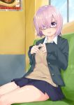  1girl bangs black_skirt blue_sky blush buttons clouds eyebrows eyebrows_visible_through_hair fate/grand_order fate_(series) long_sleeves looking_at_viewer mokyutan open_mouth pink_eyes pink_hair pleated_skirt shielder_(fate/grand_order) short_hair sitting skirt sky solo window 