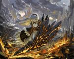  1girl blonde_hair cleavage_cutout clouds cloudy_sky commentary fire frilled_skirt frills hairband juliet_sleeves long_hair long_sleeves looking_at_viewer molten_rock mountain original puffy_sleeves puribate_(helgoland) skirt sky solo yellow_eyes 