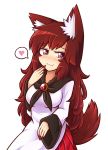  1girl animal_ears blush breasts brooch brown_hair collarbone dress fingernails heart heart-shaped_pupils highres imaizumi_kagerou jewelry long_fingernails long_sleeves nail_polish red_eyes red_nails saliva simple_background solo speech_bubble symbol-shaped_pupils tail touhou white_background wolf_ears wolf_tail wool_(miwol) 