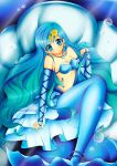  1girl blue blue_dress blue_eyes blue_hair bracelet dress flower hair_between_eyes hair_ornament hairclip highres houshou_hanon jewelry long_hair looking_at_viewer mermaid mermaid_melody_pichi_pichi_pitch monster_girl necklace shell_necklace star yellow_flower 