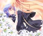  2girls black_dress blonde_hair blue_hair chaos;child closed_eyes dress dutch_angle finger_to_mouth floating_hair game_cg glasses hair_ribbon headphones headphones_around_neck hug kazuki_hana kurusu_nono long_hair multiple_girls official_art parted_lips red_ribbon ribbon school_uniform short_dress short_hair_with_long_locks sidelocks very_long_hair violet_eyes white_flower yuri 