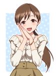  1girl blush breasts brown_eyes brown_hair cleavage earrings hands_together idolmaster idolmaster_cinderella_girls jewelry kezune_(i-_-i) long_hair looking_at_viewer necktie nitta_minami open_mouth ponytail smile solo 