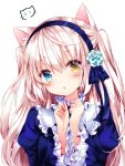  1girl :o animal_ears bangs blonde_hair blue_dress blue_eyes blue_hairband blush cat_ears dress eyebrows_visible_through_hair eyelashes flower frilled_shirt_collar frilled_sleeves frills hair_between_eyes hair_flower hair_ornament hairband head_tilt heterochromia juliet_sleeves long_hair long_sleeves looking_at_viewer nogi_takayoshi open_mouth original puffy_sleeves solo tareme twintails upper_body very_long_hair wide_sleeves x_hair_ornament yellow_eyes 
