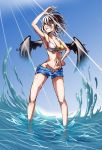  1girl :d ;d arm_up armpits bare_arms bare_legs bare_shoulders barefoot bikini_top black_hair black_wings blue_sky breasts captain_nagase cleavage clouds collarbone day denim denim_shorts gradient_hair grey_hair grin groin hand_on_hip highres light_rays looking_away looking_up medium_breasts multicolored_hair ocean one_eye_closed open_fly open_mouth outdoors pointy_ears red_eyes shameimaru_aya shiny shiny_skin short_hair short_shorts shorts sky smile solo splashing summer sunbeam sunlight teeth touhou wading water wings 