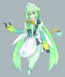  1girl android apron bombergirl bow cropped_legs emera_(bombergirl) green_eyes green_hair grey_background long_hair looking_at_viewer maid_headdress serious simple_background tail waist_apron yellow_bow 