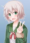  anti_(untea9) blush collarbone green_eyes kantai_collection looking_at_viewer open_mouth school_uniform shimushu_(kantai_collection) short_hair simple_background solo v white_hair 