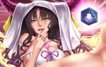  1girl :d bare_shoulders black_hair breasts cleavage facial_mark fate/extra fate/extra_ccc fate_(series) forehead_mark foreshortening horns large_breasts long_hair looking_at_viewer nail_polish open_mouth pink_nails revealing_clothes seductive_smile self_shot sesshouin_kiara shuugetsu_karasu sideboob smile solo veil wavy_hair yellow_eyes 
