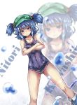  1girl alternate_costume bangs bare_arms bare_shoulders black_swimsuit blue_eyes blue_hair blush breasts character_name closed_mouth collarbone covered_navel cowboy_shot crossed_arms dutch_angle frown hair_bobbles hair_ornament hat highres kawashiro_nitori looking_at_viewer medium_breasts one-piece_swimsuit ototobe solo swimsuit touhou two_side_up water_drop zoom_layer 
