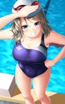  1girl ass blue_eyes blue_swimsuit breasts competition_swimsuit covered_navel goggles grey_hair highleg highleg_swimsuit highres love_live! love_live!_school_idol_project love_live!_sunshine!! oekakizuki one-piece_swimsuit pool poolside short_hair solo swimsuit watanabe_you water wet 