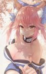  1girl animal_ears bare_shoulders breasts cleavage collarbone detached_sleeves fate/extra fate_(series) fox_ears hair_ribbon japanese_clothes large_breasts looking_at_viewer pink_hair ribbon signature solo tadashi-kun tamamo_(fate)_(all) tamamo_no_mae_(fate) yellow_eyes 