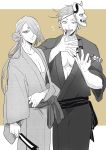  2boys 50yen absurdres earrings fan finger_licking fingernails folding_fan food hair_over_one_eye highres ima-no-tsurugi iwatooshi japanese_clothes jewelry kimono licking male_focus mask monochrome multiple_boys oden older oni_mask sharp_fingernails skewer smile tongue tongue_out touken_ranbu yukata 