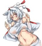  1girl animal_ears bare_shoulders blush breasts closed_mouth detached_sleeves frown groin hat inubashiri_momiji large_breasts long_sleeves looking_at_viewer navel ototobe pom_pom_(clothes) red_eyes shirt short_hair silver_hair sleeveless sleeveless_shirt solo stomach tokin_hat touhou under_boob upper_body white_shirt wide_sleeves wolf_ears 