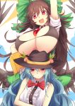 +_+ 2girls arm_cannon arm_up black_hat blue_hair bow bowtie breasts brown_hair fang food fruit green_bow green_skirt hair_between_eyes hair_bow hat highres hinanawi_tenshi huge_breasts long_hair looking_at_viewer multiple_girls open_clothes open_mouth open_shirt peach red_bow red_bowtie red_eyes reiuji_utsuho shirt short_sleeves skirt sleeveless sleeveless_shirt smile touhou uchisukui very_long_hair weapon white_shirt 