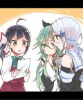  3girls ahoge black_gloves black_hair black_serafuku blue_eyes braid detached_sleeves elbow_gloves flower fujinami_(kantai_collection) gloves green_eyes green_hair hair_between_eyes hair_flower hair_ornament hair_ribbon hairclip itomugi-kun kantai_collection long_hair multiple_girls paper ribbon school_uniform serafuku shirt side_ponytail silver_hair single_braid umikaze_(kantai_collection) upper_body white_ribbon white_shirt yamakaze_(kantai_collection) 