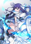  1girl armor blue_eyes boots commentary_request dress fate/extra fate/extra_ccc fate/grand_order fate_(series) from_side hair_ribbon juliet_sleeves long_hair long_sleeves looking_at_viewer meltlilith puffy_sleeves purple_hair revealing_clothes ribbon side_ponytail solo tsuedzu very_long_hair 