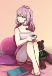  1girl barefoot book camisole coffee curly_hair frills full_body hairband looking_back looking_to_the_side nuts_(pixiv616432) original pillow pink_eyes pink_hair pink_shorts shorts sitting solo stuffed_animal stuffed_toy teddy_bear 
