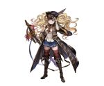  1girl bandaid bandaid_on_face blonde_hair boots brown_eyes curly_hair feathers full_body granblue_fantasy hat jacket_on_shoulders minaba_hideo miniskirt monika_(granblue_fantasy) official_art skirt solo sword thigh-highs transparent_background twintails weapon 