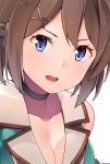  1girl bangs bare_shoulders black_choker blue_eyes breasts brown_hair byte_(allbyte) cleavage close-up collarbone commentary_request face green_vest hair_ornament hairclip headgear kantai_collection looking_at_viewer maya_(kantai_collection) medium_breasts open_mouth round_teeth sho&gt;:d short_hair simple_background sleeveless solo teeth upper_body vest white_background x_hair_ornament 