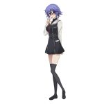  1girl arm_behind_back black_dress black_legwear blue_hair candy chaos;child dress food full_body glasses hair_between_eyes kazuki_hana lollipop looking_at_viewer necktie red_necktie school_uniform short_dress short_hair_with_long_locks sidelocks simple_background solo standing thigh-highs violet_eyes white_background 