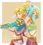  2boys alternate_costume alternate_hairstyle arms_up back-to-back blonde_hair blue_eyes crossdressinging detached_sleeves dual_persona gerudo_link highres link looking_at_viewer midriff multiple_boys navel pointy_ears red_botw smile stomach the_legend_of_zelda the_legend_of_zelda:_breath_of_the_wild trap veil weapon 