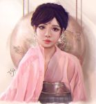  1girl aleksandra_jedrasik artist_name black_hair brown_eyes chinese_clothes closed_mouth deviantart_username dragon earrings expressionless japanese_clothes jewelry kimono looking_at_viewer nose pink_kimono short_hair signature solo upper_body watermark web_address wide_sleeves 