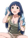  1girl :d alternate_hairstyle bangs blue_hair boyshorts breasts camisole cropped_jacket dani-ikapi eyebrows_visible_through_hair hair_down hair_over_shoulder idolmaster idolmaster_million_live! kitakami_reika light_brown_eyes long_hair medium_breasts open_mouth sidelocks simple_background smile solo striped towel towel_around_neck white_background 