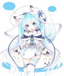  1girl absurdres animal_ears aqua_eyes aqua_hair bad_id bad_pixiv_id blush chuuko_anpu earmuffs fang fox_ears fox_tail hat hatsune_miku highres long_hair open_mouth sitting skirt solo striped striped_legwear tail thigh-highs twintails very_long_hair vocaloid white_background yuki_miku 