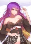  1girl bare_shoulders breasts breasts_apart cleavage collarbone gradient_hair hijiri_byakuren japanese_clothes kimono light_smile long_hair lying medium_breasts multicolored_hair no_bra no_panties off_shoulder on_back open_clothes open_kimono purple_hair repoi touhou very_long_hair yellow_eyes 