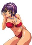  1girl 90s angel_links arm_behind_back bow bowtie breasts cowboy_shot earrings hairband hand_on_own_cheek jewelry large_breasts li_meifon looking_at_viewer nail_polish navel necklace nishida_asako o-ring_bikini official_art parted_lips red_bow red_bowtie red_eyes shiny shiny_skin short_hair solo transparent_background 