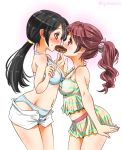  2girls arched_back bikini bikini_under_clothes black_hair blush breasts brown_eyes commentary_request doughnut eye_contact food from_side hair_ornament hair_scrunchie highres idolmaster idolmaster_cinderella_girls long_hair looking_at_another medium_breasts multiple_girls nakano_yuka navel polka_dot polka_dot_bikini ponytail scrunchie shared_food shiina_noriko smile sogabe_toshinori swimsuit twintails yuri 