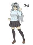  black_legwear brown_shoes clannad clenched_hands dated hairband long_hair pleated_skirt sakagami_tomoyo shoes silver_hair simple_background skirt tare-katsu thigh-highs turtleneck white_background 
