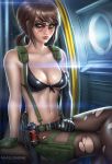  1girl arm_support artist_name black_bikini_top black_gloves black_legwear breasts brown_hair cleavage closed_mouth commentary deviantart_username elbow_gloves front-tie_bikini front-tie_top gloves green_eyes green_gloves knife large_breasts lips looking_at_viewer madeleine_bellwoar metal_gear_(series) metal_gear_solid_v mismatched_gloves navel nose pantyhose ponytail quiet_(metal_gear) sheath sheathed shiny shiny_clothes shiny_hair sidelocks solo stomach suspenders torn_clothes torn_pantyhose watermark web_address 