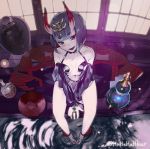  1girl alcohol breasts cup demon_girl fate/grand_order fate_(series) gourd highres horns japanese_clothes looking_at_viewer navel oni oni_horns open_mouth purple_hair sakazuki sake short_hair shuten_douji_(fate/grand_order) sitting small_breasts smile solo violet_eyes 