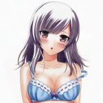  1girl absurdres blue_bra blush bra breasts brown_eyes character_request cleavage collarbone eyebrows_visible_through_hair head_tilt highres long_hair looking_at_viewer medium_breasts minamihama_yoriko off_shoulder open_mouth silver_hair simple_background solo underwear underwear_only upper_body white_background 