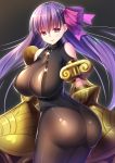  1girl ame_wa_a_ga_tsutano? ass bad_anatomy bodysuit breasts cleavage fate/extra fate/extra_ccc fate_(series) hair_ribbon large_breasts long_hair o-ring_top pantyhose passion_lip purple_hair ribbon solo twisted_torso violet_eyes 