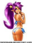  1girl ass bikini blue_eyes dark_skin earrings highres jewelry looking_at_viewer pointy_ears ponytail purple_hair ronindude shantae_(character) shantae_(series) smile solo striped striped_bikini swimsuit tiara 