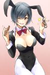  1girl animal_ears black_hair black_leotard blazer bow bowtie breasts brown_eyes bunny_tail bunnysuit cigar cleavage detached_collar highres jacket leotard looking_at_viewer open_mouth original pantyhose rabbit_ears red_bow red_bowtie short_hair solo strapless strapless_leotard tail west_potato white_legwear wrist_cuffs 