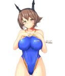  1girl ass_visible_through_thighs blue_swimsuit breasts brown_hair competition_swimsuit dated green_eyes hairband hands_on_own_chest highleg highleg_swimsuit highres impossible_clothes impossible_swimsuit kantai_collection large_breasts looking_at_viewer montemasa mutsu_(kancolle) one-piece_swimsuit radio_antenna short_hair simple_background solo swimsuit twitter_username white_background 