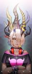  bare_shoulders blonde_hair bow bracelet choker cigarette crossed_arms earrings expressionless hair_bow headphones highres horns jewelry lieqi_hun lips looking_at_viewer original pointy_ears skull tsurime 