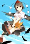  1girl black_wings blue_sky brown_eyes brown_hair expressionless fan feathers flying garigarigari hat highres orange_eyes pom_pom_(clothes) puffy_sleeves shameimaru_aya shirt short_hair sky solo tokin_hat touhou v_arms white_shirt wings 